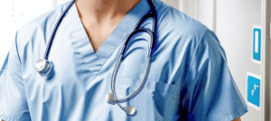 A healthcare worker in blue scrubs with a stethoscope around the neck